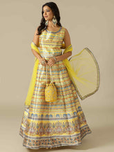 Yellow Printed Silk Gown with Net Dupatta - House of Surya
